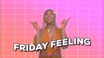 Video gif. Woman shimmies joyfully, smiling and looking up as confetti falls. Wavy text reads "Friday feeling."