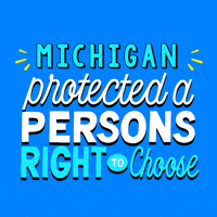 Text gif. Stylized letters in white and cyan on a periwinkle background, accented by yellow action marks. Text, "Michigan protected a person's right to choose."