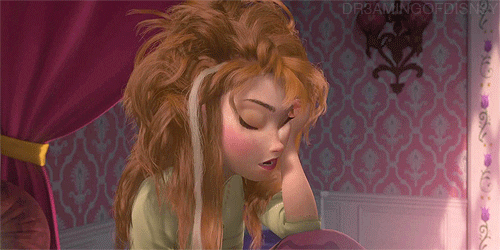 Disney gif. Anna in Frozen sits up in her bed, resting her elbow on her knee, and barely holding up her head with her hand as she falls back asleep.. Her hair is a mess, looking like a big bird’s nest.