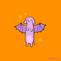 Illustrated gif. Purple dachshund with bat wings stands on its hind legs and shakes its body from side to side.