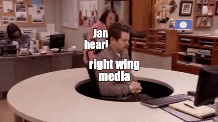 Parks and Rec gif. Woman attempts to get the attention of Nick Offerman as Ron Swanson, but to her dismay, he just rotates his office chair as to avoid acknowledging her as she chases him around the outside of a round desk. The woman is labeled "Jan. sixth hearings," and Offerman is labeled "right wing media."