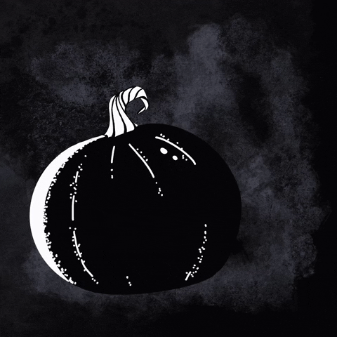 Digital illustration gif. Black and white cartoon pumpkin with a crown and a twirly white stem on top against a cloudy black background. Its jagged jack-o-lantern mouth is moving and its eyes are blinking as text appears, "Ha ha."