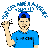 Illustrated gif. Rotation of minimalist depictions of an array of citizens, a bearded Black businessman texting, a mixed race woman with curly blonde hair handing us a flyer that says "vote," a white woman on a phone wearing a tank that says "blue-in-22-dot-org," an Asian young man wearing a t-shirt that says "blue-in-22-dot-org," knocking on the fourth wall. Text, "You can make a difference. Volunteer."