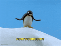 Sponsored gif. Pingu the claymation penguin extends his beak in excitement and yells, "Noot Noot!"