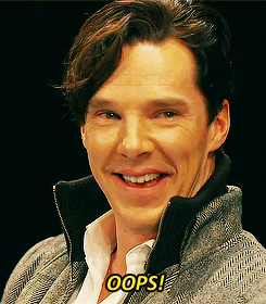 Celebrity gif. Benedict Cumberbatch laughs and looks away, saying "oops."