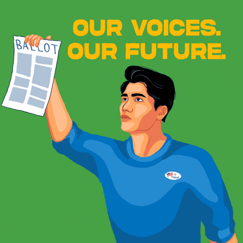 Digital art gif. Man with black hair wearing an “I voted” sticker waves a ballot in the air against a lime green background. Text, “Our voices, our future.”