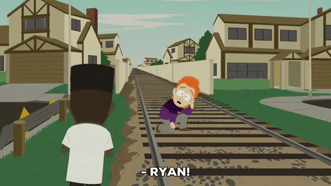scared train tracks GIF by South Park 