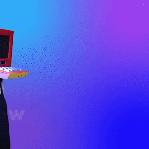 Video gif. Woman wearing a cardboard computer on her head walks by in a stiff way, arms fixed at her sides, pausing to look at us before walking away off screen against a blue-purple gradient background. Text, "Greetings, Human!'