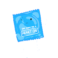Digital art gif. Text "You gave me a heart on," across an unopened condom, who points and winks.