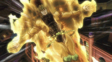 Anime gif. Dio in Jojo’s Bizarre Adventure glows in flames as he teleports.