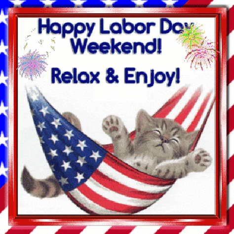 Digital illustration gif. Kitten relaxes in an American flag hammock, paws stretching up with a sweet, peaceful expression. Fireworks go off in the background. Text, "Happy Labor Day weekend! Relax and enjoy!'