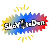 Digital art gif. Rainbow dodecagram wiggling with action marks, white block letters within. Text, "Sko-vote-den."
