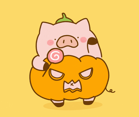Digital art gif. Cartoon pig wearing a jack-o'-lantern costume and a leaf for a hat. The pig waves at us while licking a lollipop.