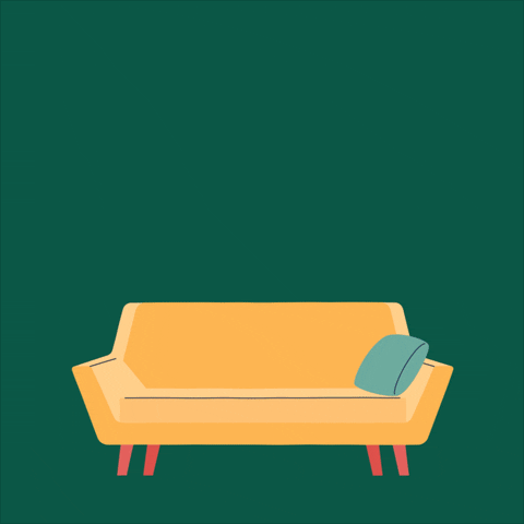 Illustrated gif. Rainbow arches over a honey yellow midcentury sofa on a forest green background. Text, "Expand the pipeline of behavioral health providers."