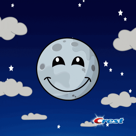 Digital illustration gif. Smiling moon quickly orbits away to reveal a smiling sun wearing dark sunglasses with rays beaming out in all directions. The sunglasses lower, with Sun looking right then left and winking at us. Black and white block letters bounce into frame, "Buenos dias."