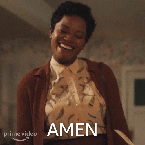 TV gif. Chanté Adams as Maxine "Max" Chapman in A League of Their Own says "Amen" with a closed-eyed smile.