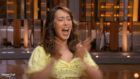 TV gif. Melissa Leong from MasterChef Australia claps and cheers. Text, "Yay!"