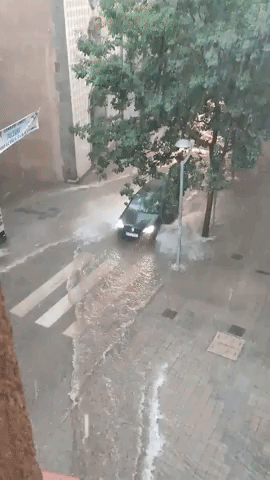 Heavy Rainfall Brings Flooding to Streets in Mataro, Catalonia