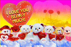 Digital art gif. A group of teddy bears sit on a bed of clouds, holding heart-shaped pillows as their heads rock back and forth. Above them are a large transparent teddy bear face and a sparkly heart that reads "I love you bear-y much!"