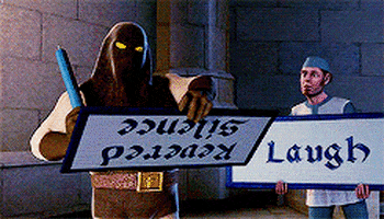 Movie gif. Thelonious from Shrek scrawls the word "awww" on the back of a cue card that says "revered silence."