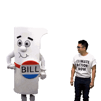 Digital art gif. Person in a life-size costume designed to look like a rolled-up piece of paper with a pin on it that says "Bill," high-fives a man wearing a t-shirt that says "Climate action now." A blue and yellow spiky shape appears over the two, with text inside that reads "Fight climate change together."