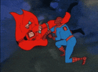 Cartoon gif. Spider Man kneels and throws fists at a red villian. The villain shows back punches as he floats sideways in the air 