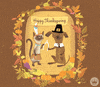 Digital art gif. A cat dressed as a Native American and a dog dressed as a pilgrim hold a wishbone amidst fall foliage. Text, "Happy Thanksgiving!"