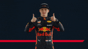 Sports gif. Max Verstappen of Red Bull's Formula One racing team is wearing his uniform and gives us a closed lipped smile and two thumbs up.