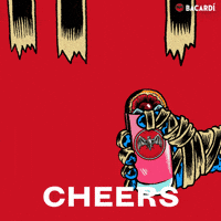 Sponsored gif. A mummy hand toasts a cocktail in a tumbler with the Bacardi logo. Text reads "CHEERS."
