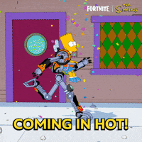 Sponsored gif. Bart Simpson races down the streets of Springfield in a Fortnite-style mech suit, passing Krusty the Klown on a motorcycle and Scratchy the Cat brandishing a chainsaw. He also passes two Simpsons-style renditions of the Fishstick skin from Fortnite. The Fortnite and Simpsons logos are in the upper right. Text reads: "Coming in hot!" 