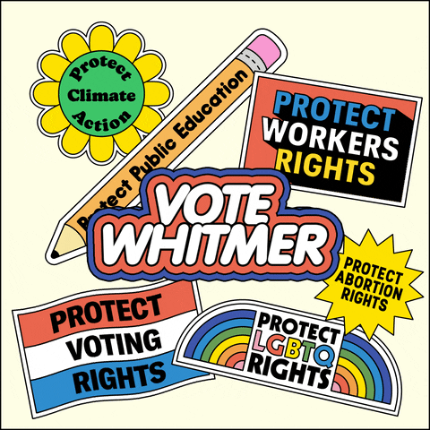 Digital art gif. Collection of stickers on a white background, brightly colored and full of energy, a flexing daisy that reads "protect climate action," a bobbing pencil that reads "protect public education," a waving flag that reads "protect voting rights," an oscillating marquee that reads "protect workers rights," a twirling dodecagram that reads "protect abortion rights," an oscillating rainbow that reads "protect LGBTQ rights," and front and center, a flashing neon sign that reads "Vote Whitmer."