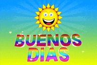 Text gif. A smiling sun sits over a blue and green background and rainbow text reads, “Buenos dias.”