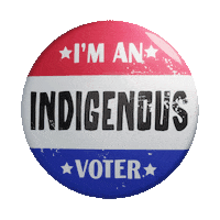 Digital art gif. Red white and blue button pin spins on its axis. Text, "I'm an Indigenous voter."