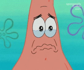 Spongebob gif. Patrick kijkt treurig terwijl tranen in zijn ogen opwellen en zijn lippen trillen.