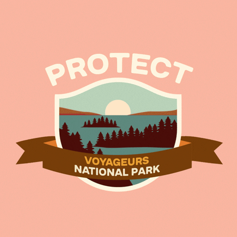 Digital art gif. Inside a shield insignia is a cartoon image of islands with pine trees sitting in a dark turquoise lake. Text above the shield reads, "protect." Text inside a ribbon overlaid over the shield reads, "Voyageurs National Park," all against a pale pink backdrop.