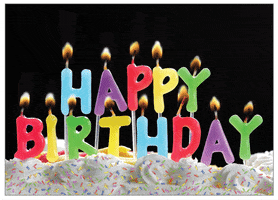 Text gif. Rainbow-colored candles atop a sprinkled cake with the flames rising up and down, reading, "Happy birthday."