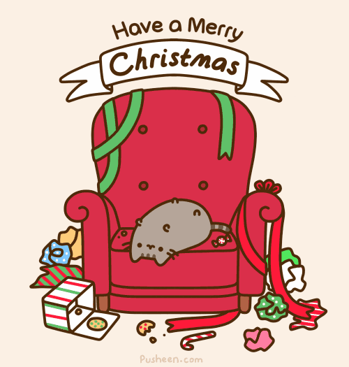 Kawaii gif. Pusheen the cat lays on its back on a big red chair wiggling their little paws and surrounded by candy, wrapping paper, and cookies. Text, “Have a Merry Christmas.”