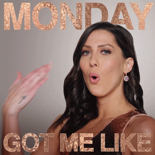 Reality TV gif. Becca Kufrin from The Bachelorette fans herself off and exhales through her mouth. Sparkling text reads "Monday got me like."