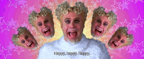 Movie gif. Will Ferrell as Zugatu enunciates, "Happy, happy. Happy," while four duplicate floating heads in an arc open their mouths, against a background of shifting pink and yellow stars.