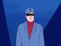 Cartoon gif. Wearing a bandit mask and a blue blazer with a cap that adorns a question mark, The Riddler shrugs and appears confused.