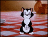 Disney gif. Figaro the Cat from Figaro and Cleo, seated on a checkered tablecloth, watches as a glowing halo appears above his head.