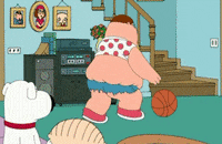 Family Guy gif. Peter bends over to pick up a basketball in comically short shorts, showing his entire backside. Stewie and Brian hold up their hands to block the sight.