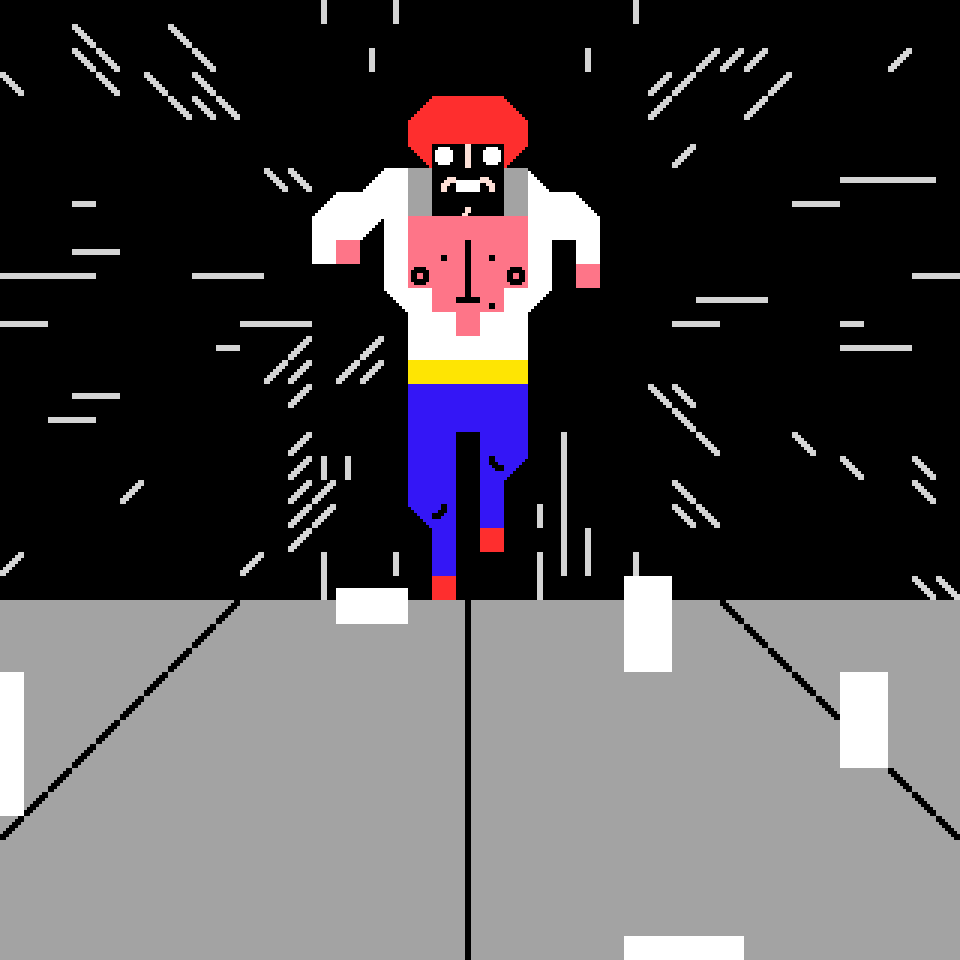 Digital art gif. A character dressed in a robotic suit is running straight towards us in a retro video game.