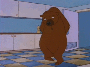 Cartoon gif. Bear from The Critic stands with his hands behind his back, glancing down nervously at the kitchen floor and moving the heel of his foot side to side.