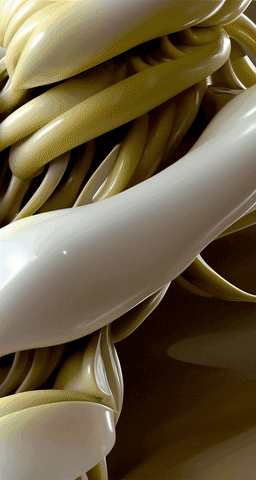 Digital art gif. An entanglement of a thick, gold and white rope that has a slime-like, rubbery texture and weaves together while expanding in shape. 
