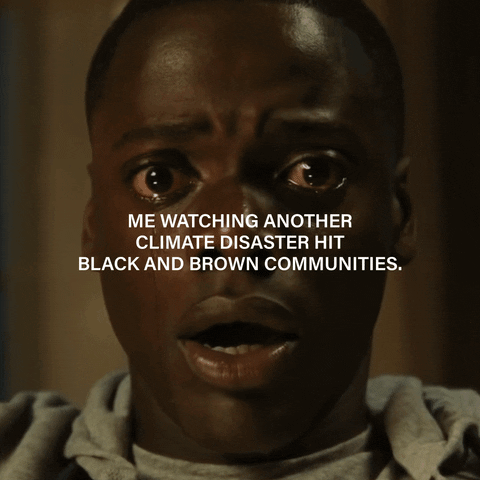 Movie gif. Daniel Kaluuya as Chris in Get Out, distressed and motionless, mouth agape, eyes wide and unblinking, tears falling. Text, "Me watching another climate disaster hit Black and Brown communities."
