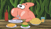SpongeBob gif. Patrick sits at a table with plates of food in front of him. His cheeks are stuffed with food and his mouth moves in a circle as he chews. Drool dribbles from his mouth and he looks overjoyed.