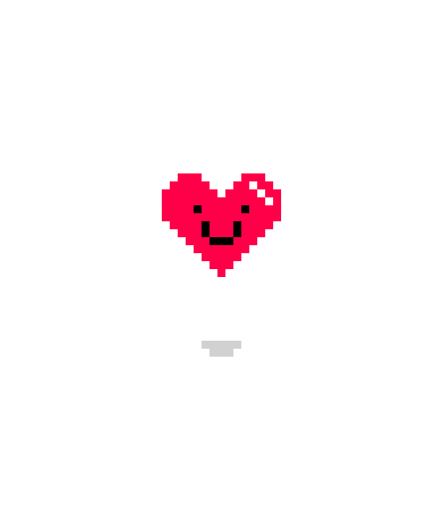 Illustrated gif. Pink pixelated heart with a smiley face on it bobs up and down slowly over a white background.