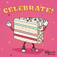 Cartoon gif. A slice of birthday cake dances and throws its gloved hands in the air as confetti falls around it. Text, "Celebrate!"