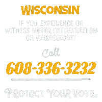 Text gif. Graphic lettering in gold and white. Text, "Wisconsin, if you experience or witness voter intimidation or harassment, call 6-0-8, 3-3-6, 3-2-3-2. Protect your vote."